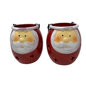 Santa Ceramic Candle Holder with Handle. Set of 2. 4.5”